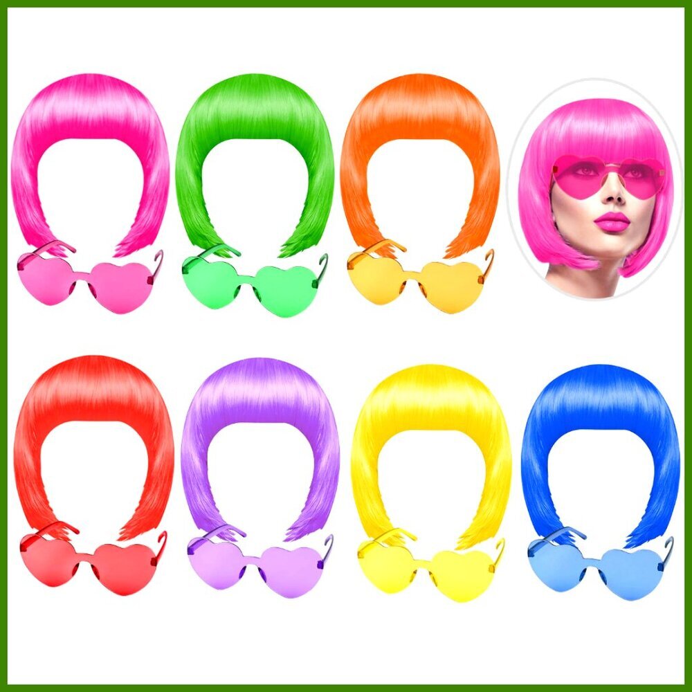 Polyethylene Short Bob Wigs & Heart Sunglasses Set, 14-Piece Party Pack